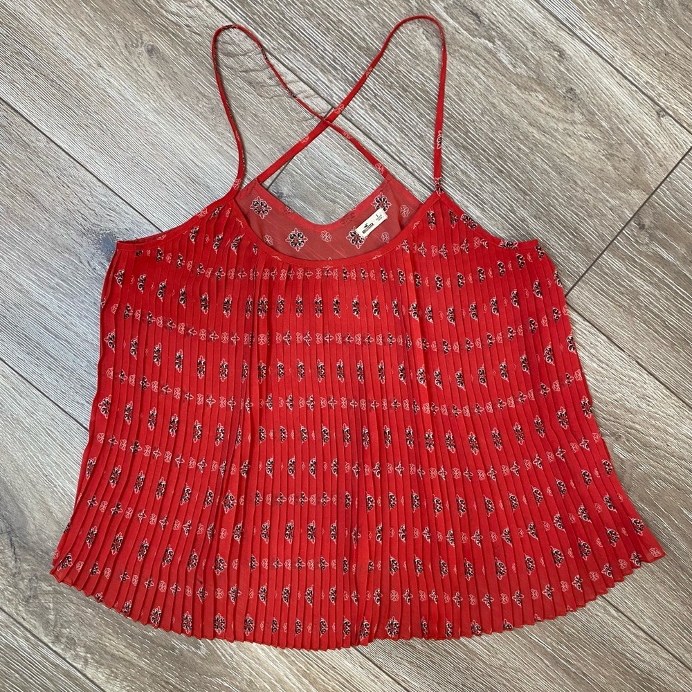 Hollister | Red Pleated Medallion Print Sheer Tank Top